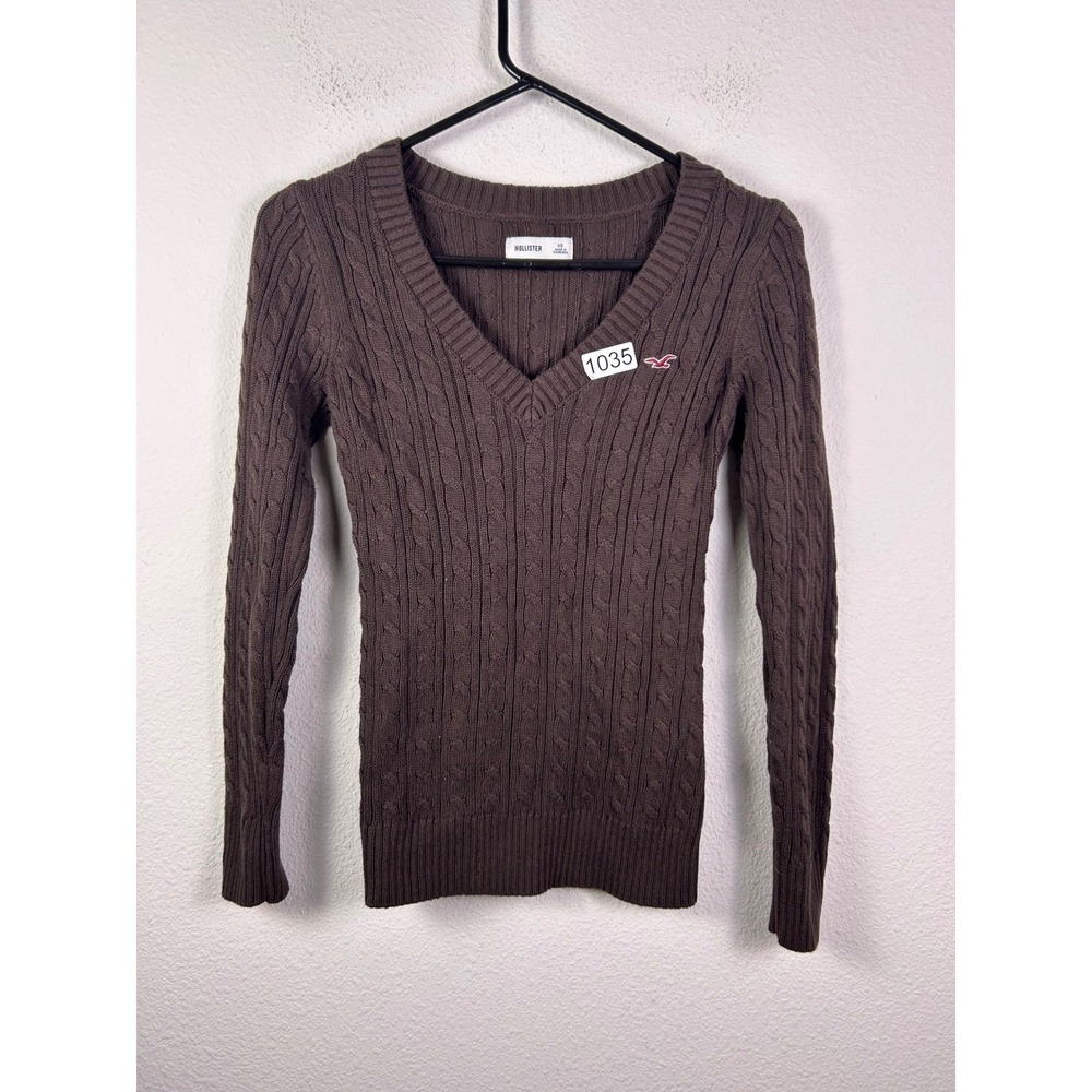 Hollister Womens XS Brown Cable Knit V-Neck Long Sleeve Sweater Seagull Logo